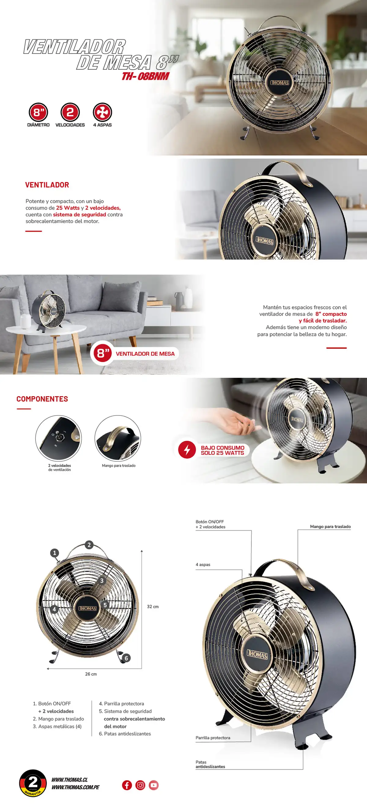VENTILADOR SOBREMESA THOMAS TH-08BNM 25W