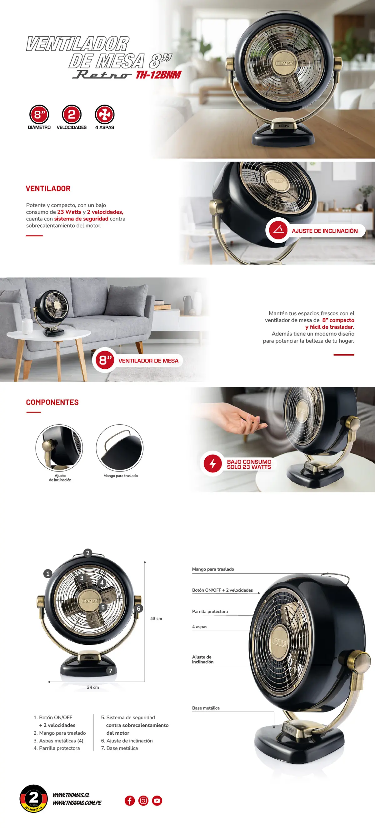 VENTILADOR SOBREMESA THOMAS RETRO TH-12BNM 23W