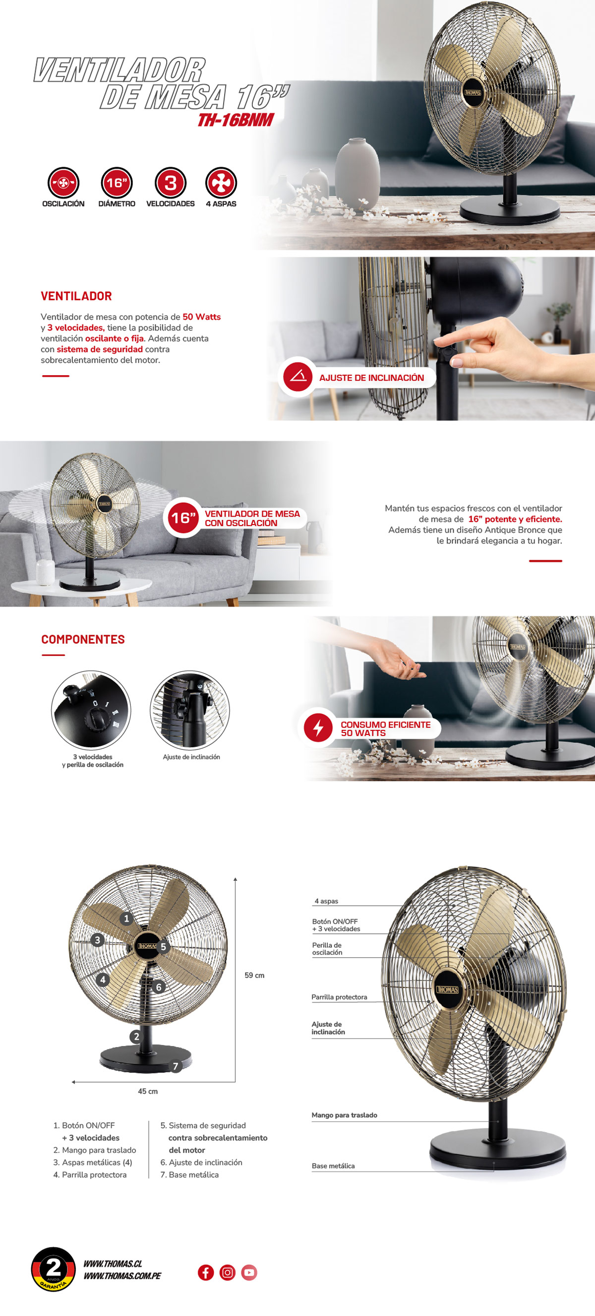 VENTILADOR SOBREMESA THOMAS TH-16BNM 50W