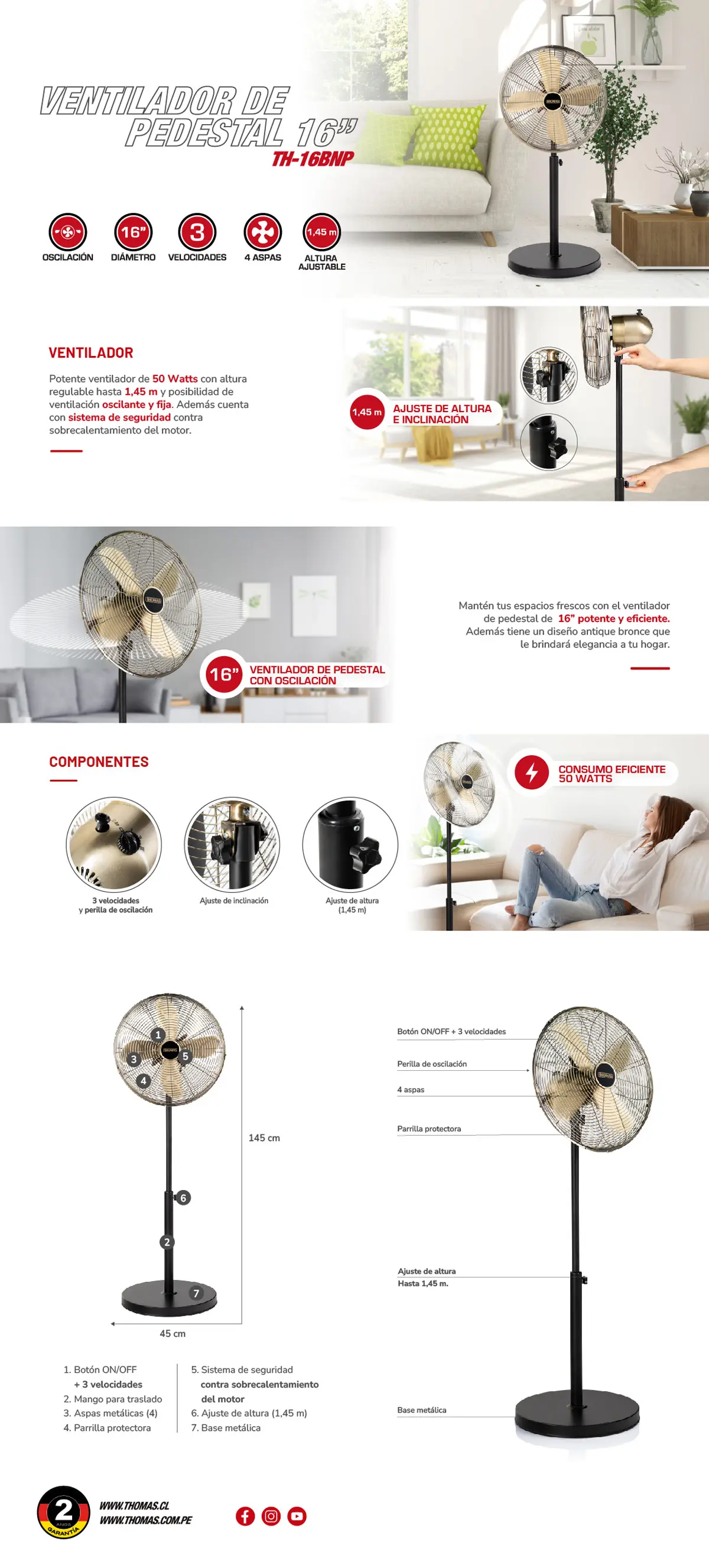 VENTILADOR PEDESTAL THOMAS TH-16BNP 50W