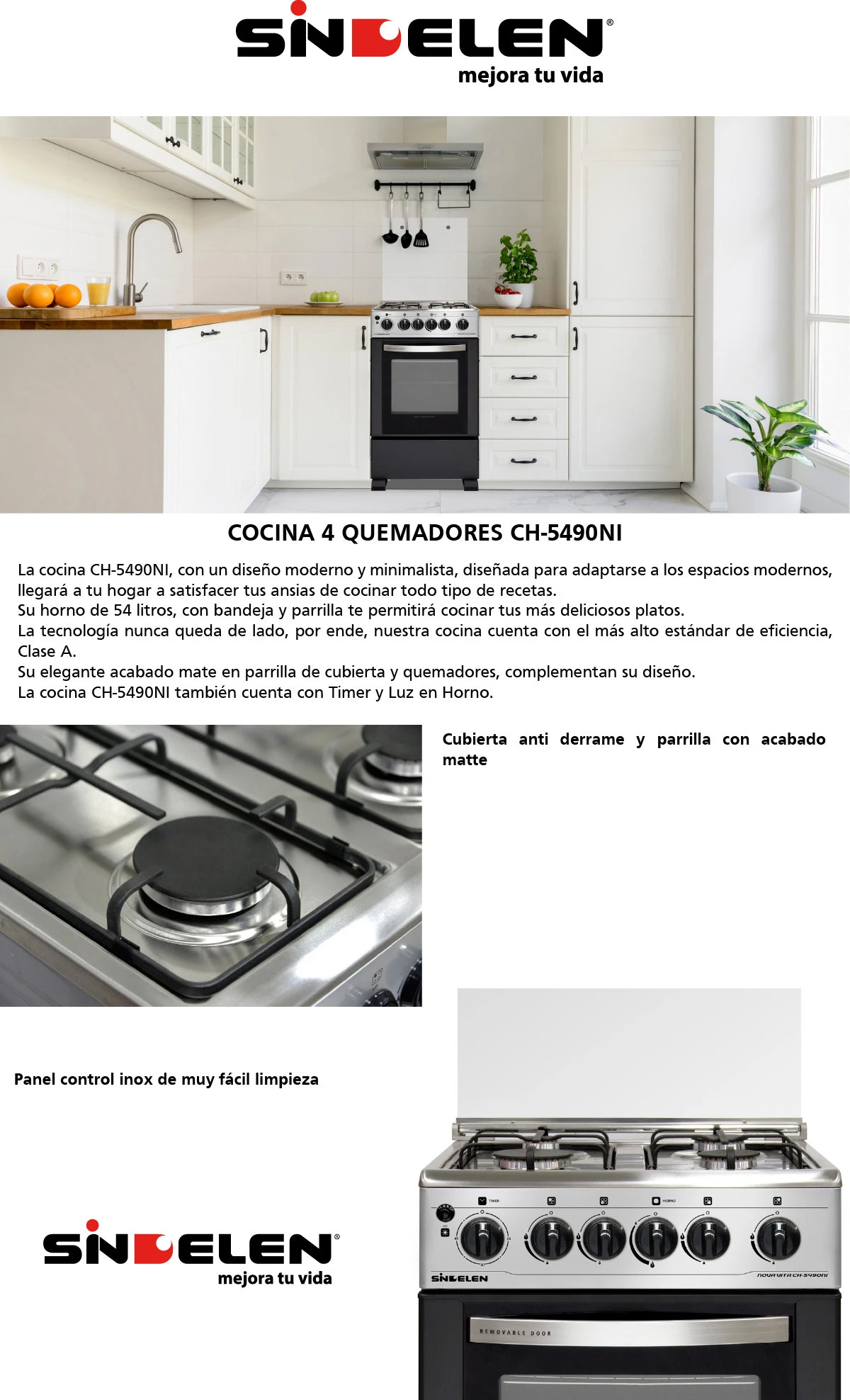 COCINA A GAS LICUADO SINDELEN 4 PLATOS CH-5490NI 4P