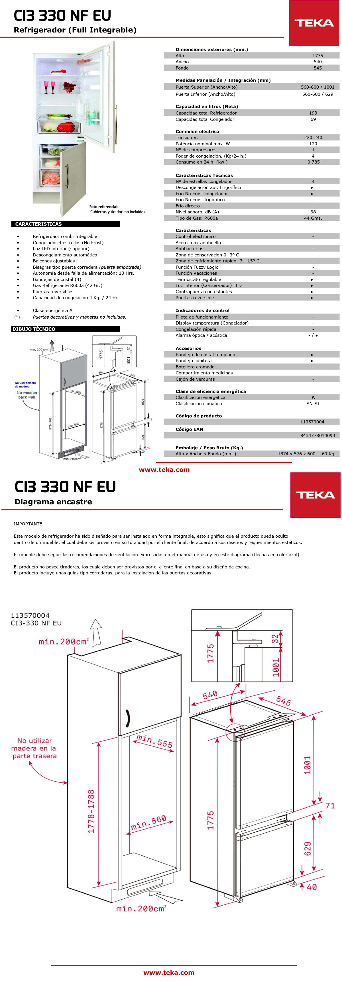 REFRIGERADOR TEKA BOTTOM FREEZER NO FROST 262 L CI3 330 NFEU