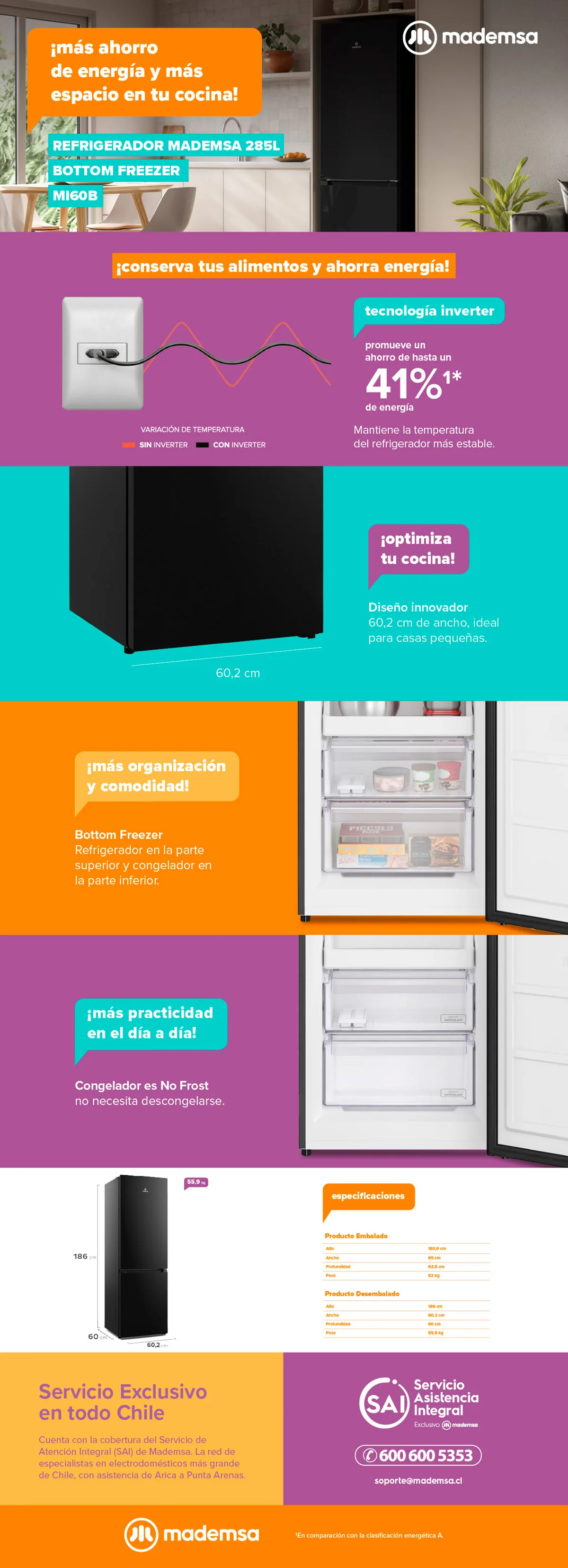 REFRIGERADOR BOTTOM FREEZER MADEMSA 285 L NO FROST MI60B
