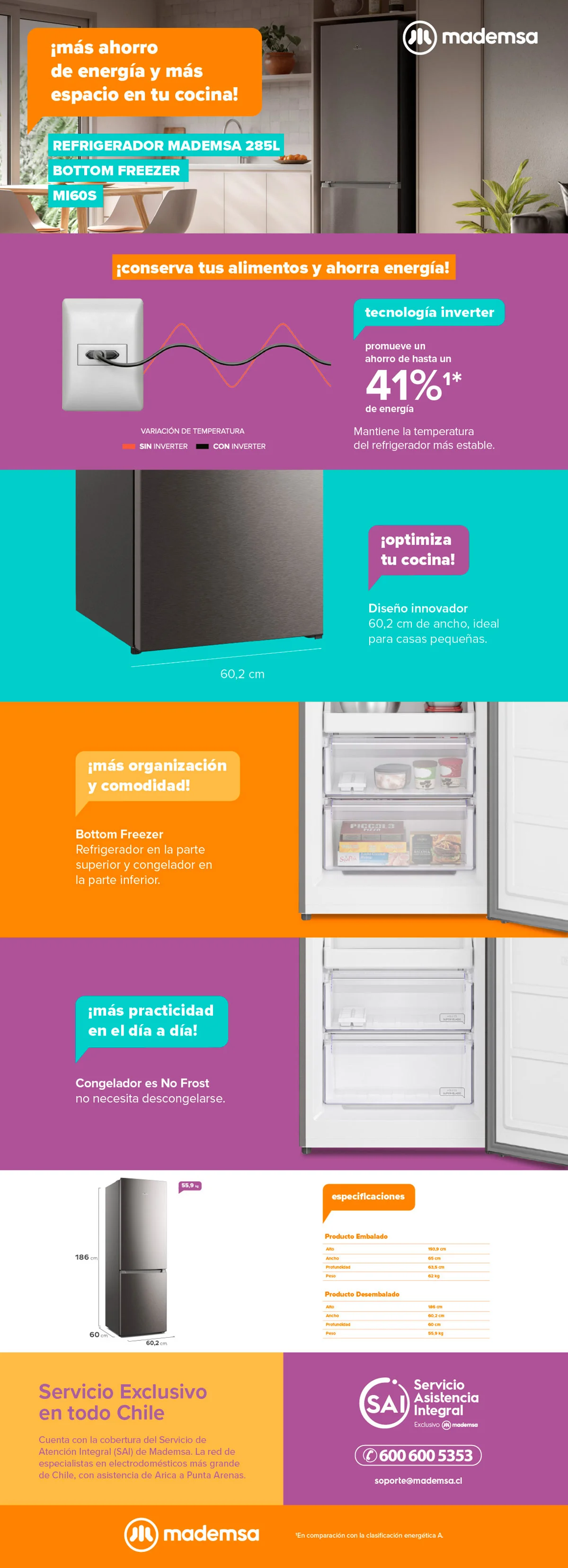 REFRIGERADOR BOTTOM FREEZER MADEMSA 285 L NO FROST MI60S