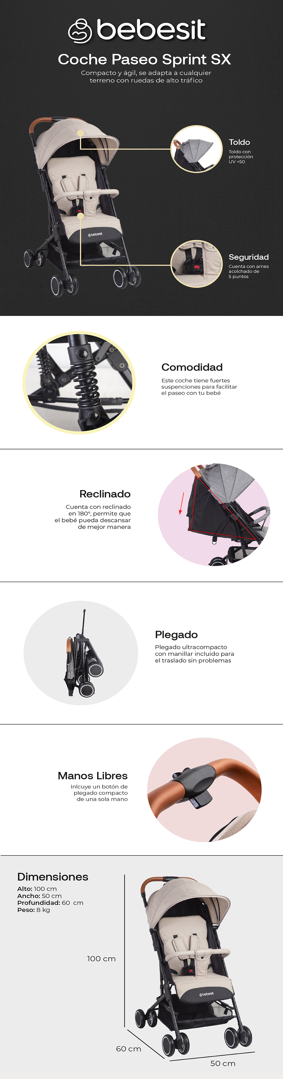COCHE PASEO BEBESIT MALETA NEW SPRINT BEIGE
