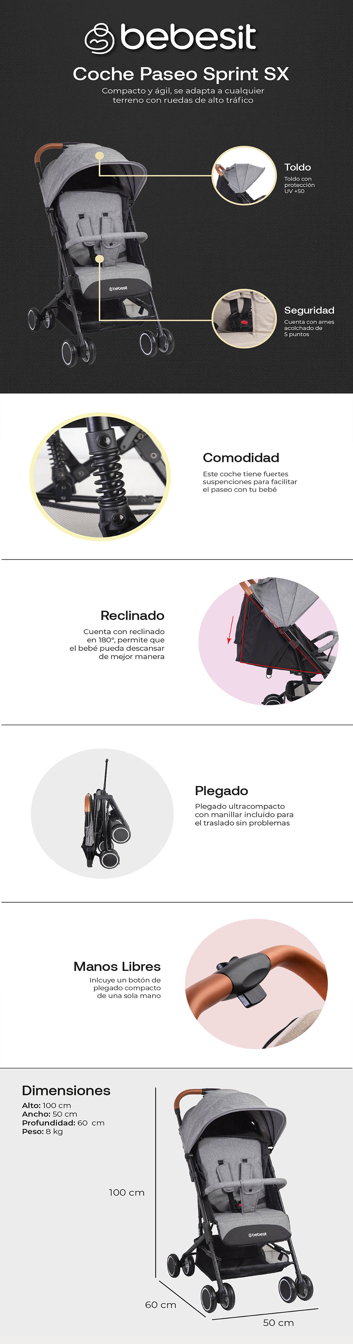 COCHE PASEO BEBESIT MALETA NEW SPRINT GRIS