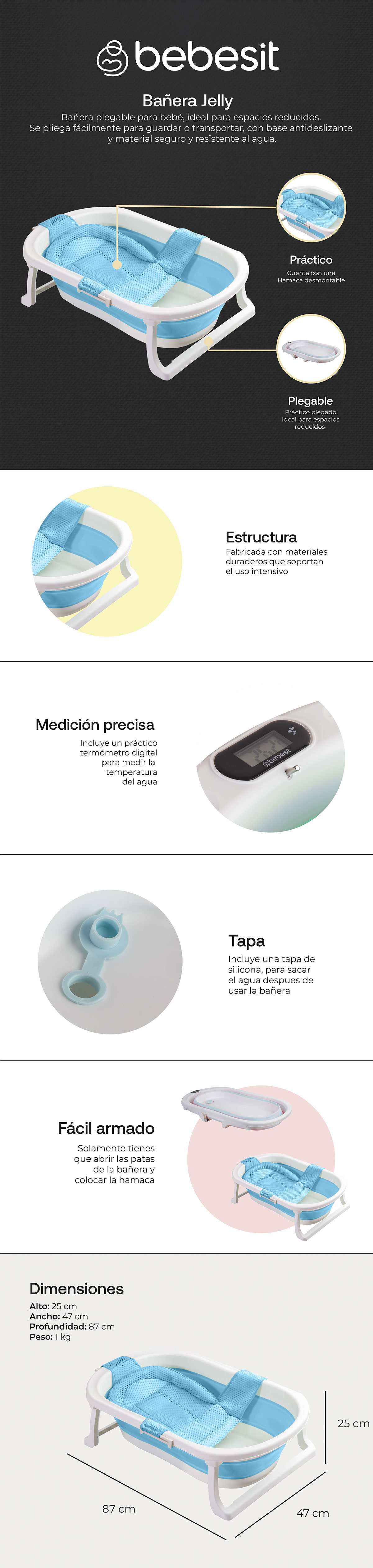 BAÑERA DE BEBE BEBESIT JELLY HAMACA AZUL