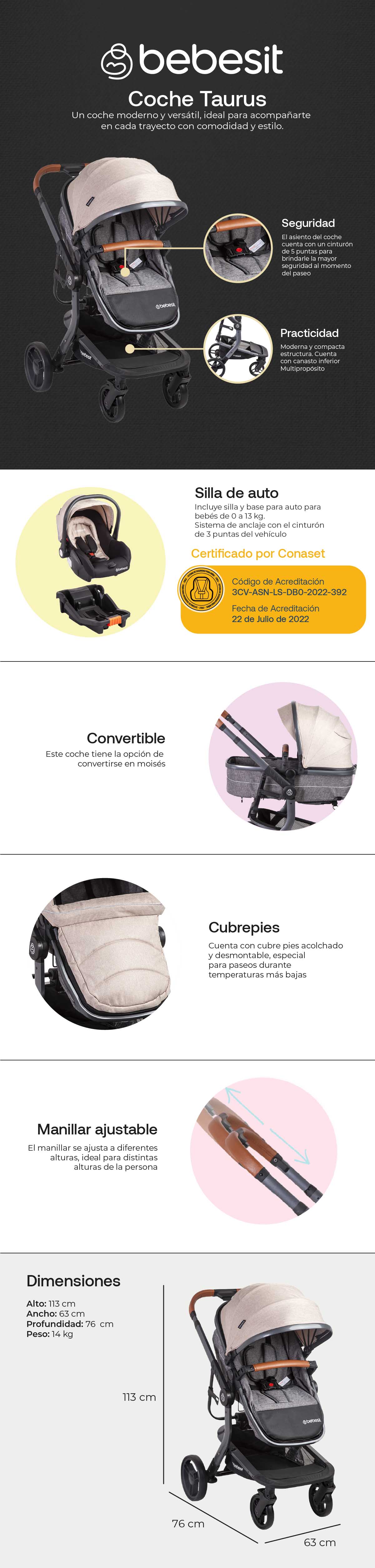 COCHE CUNA TRAVEL SYSTEM BEBE TAURUS CON BASE BEIGE BEBESIT