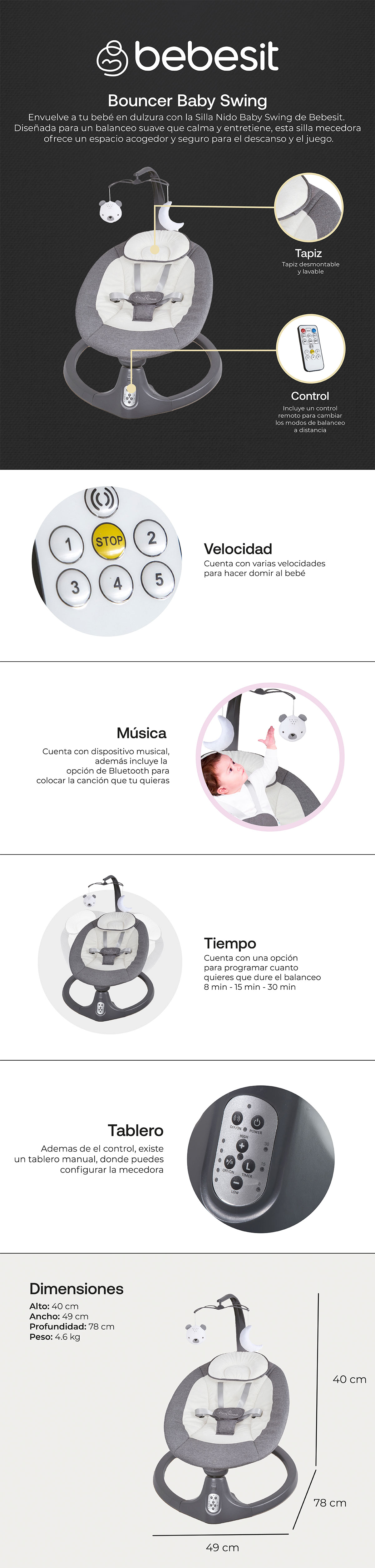 SILLA NIDO BEBESIT BOUNCER MECEDORA BABY SWING GRIS