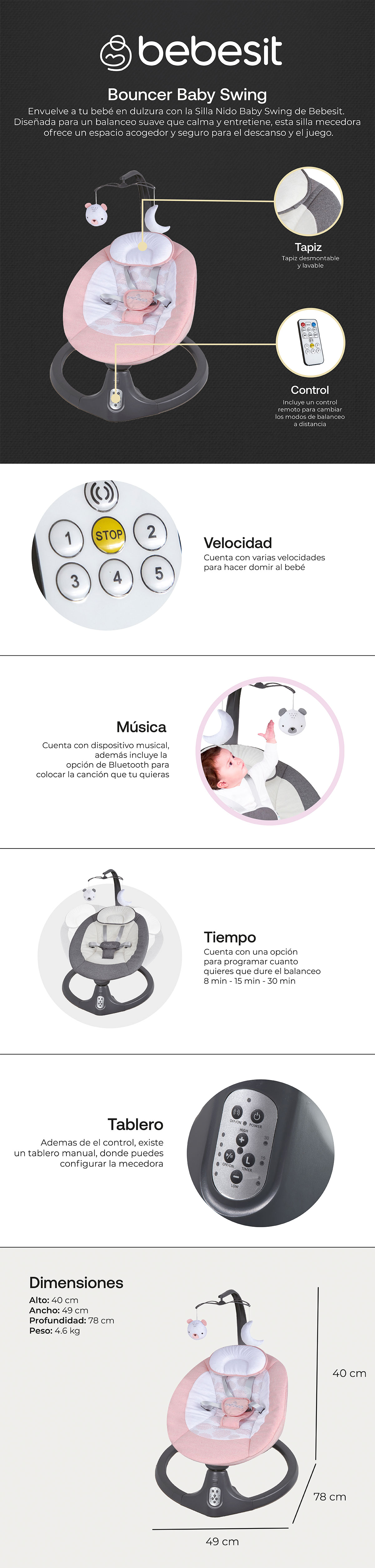 SILLA NIDO BEBESIT BOUNCER MECEDORA BABY SWING ROSADA