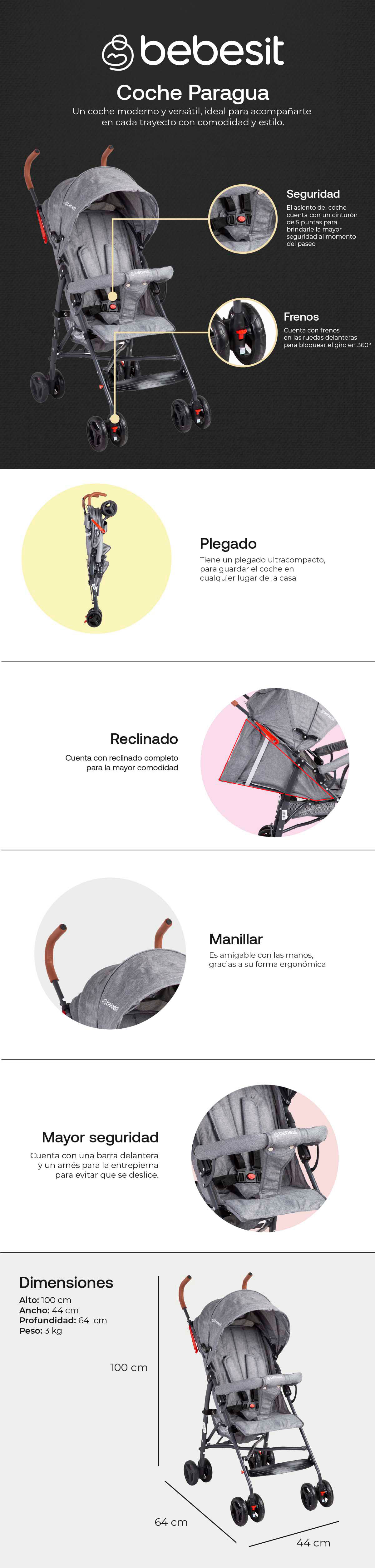 COCHE PARAGUA BEBESIT FUN GRIS 