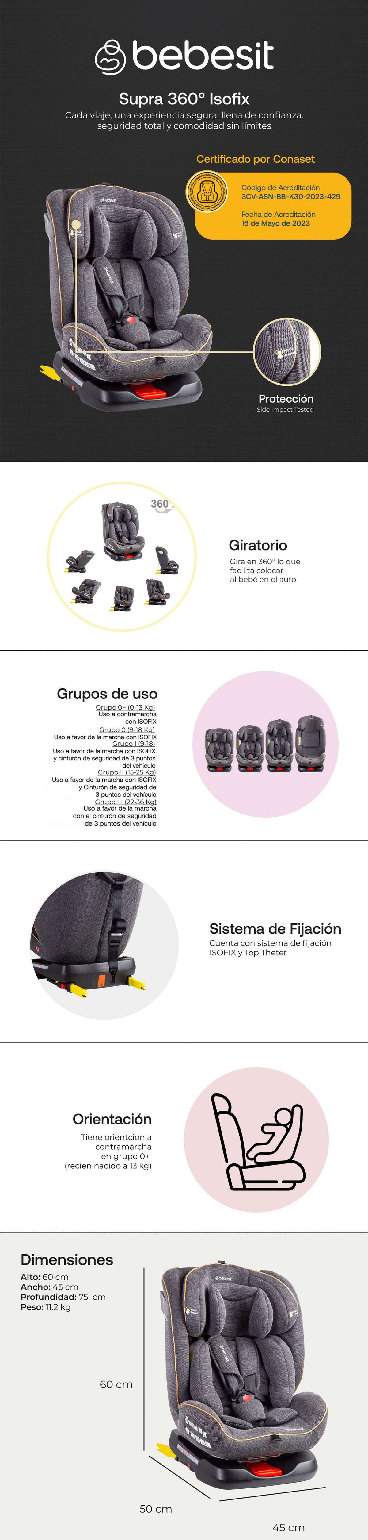 SILLA DE AUTO CONVERTIBLE BEBESIT SUPRA 360° GRIS 