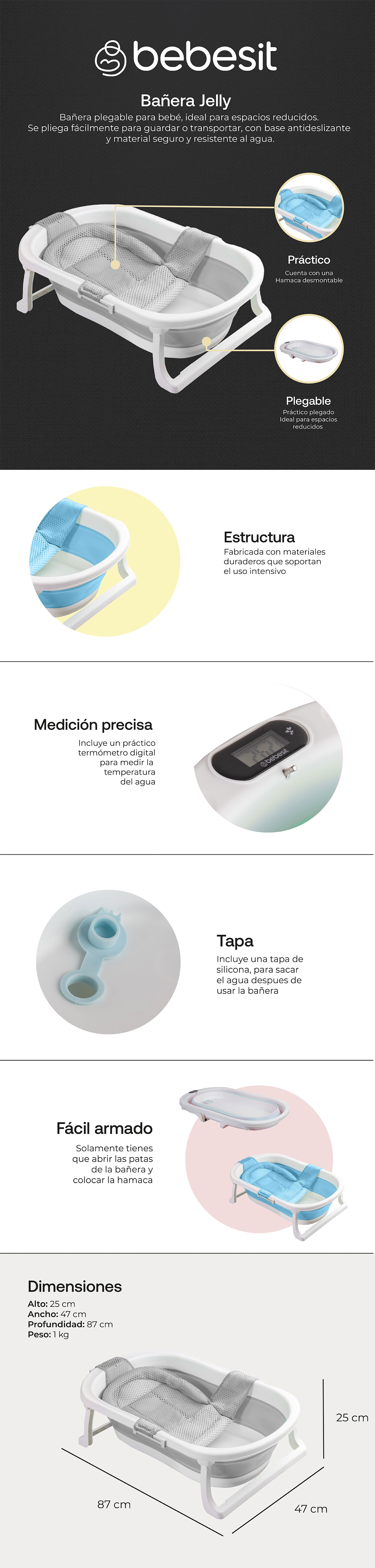 BAÑERA PLEGABLE CON HAMACA JELLY GRIS