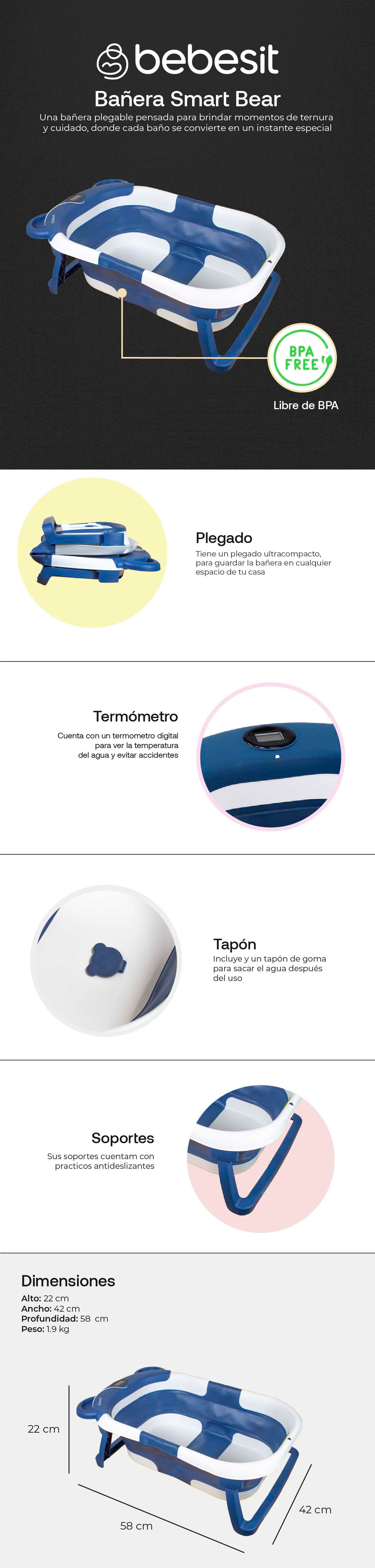 BAÑERA PLEGABLE SMART BEAR VIAJES BEBE AZUL