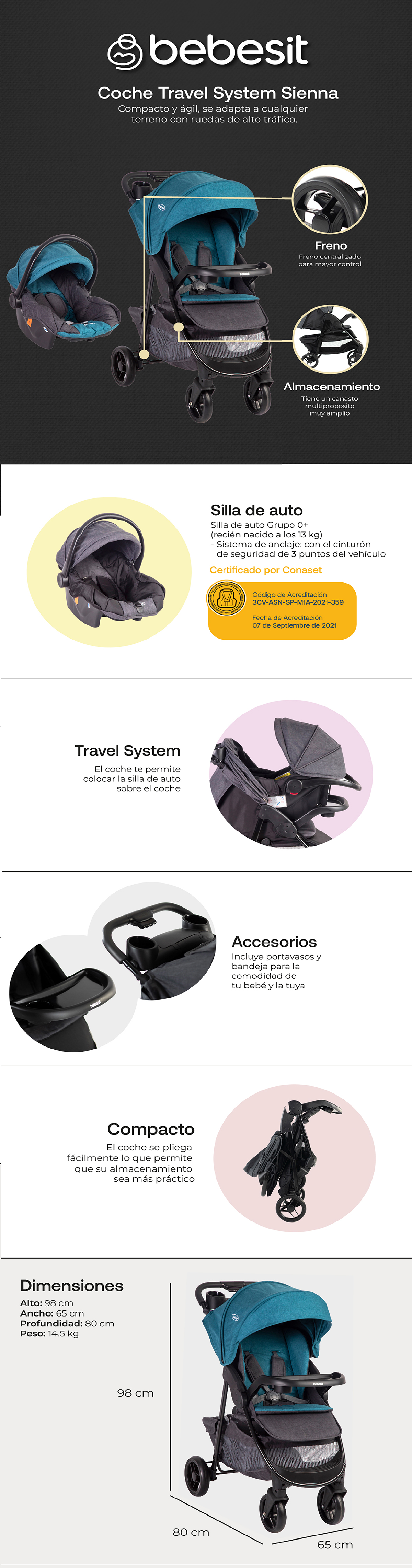 COCHE TRAVEL SYSTEM BEBESIT SIENNA NEGRO