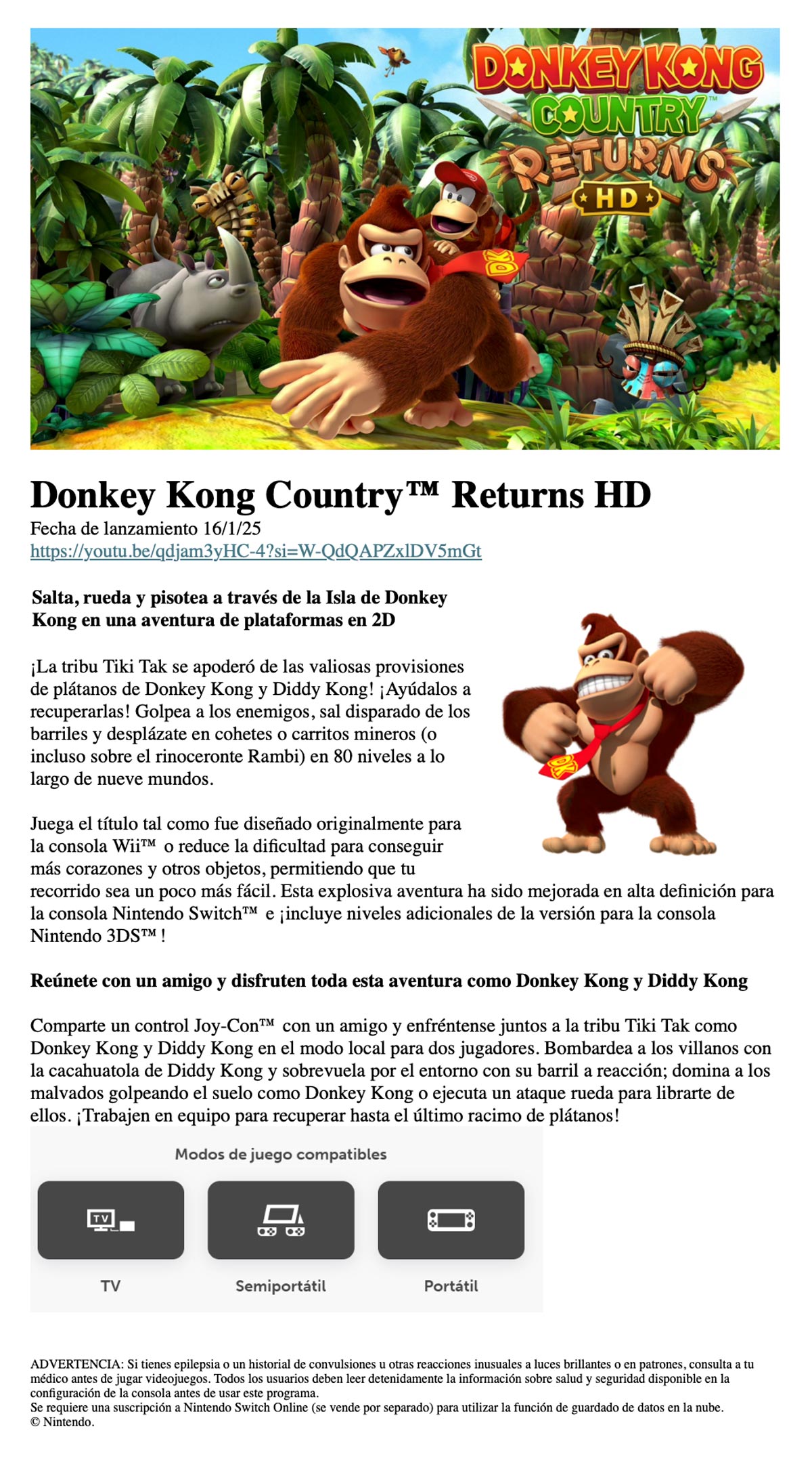 JUEGO NINTENDO SWITCH DONKEY KONG COUNTRY RETURNS HD