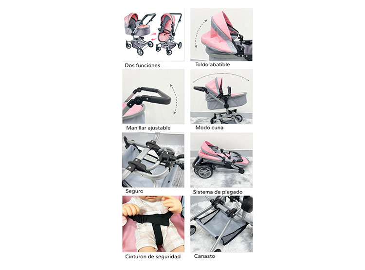 COCHE CUNA PARA MUÑECAS ROSADO 2X1 - 5