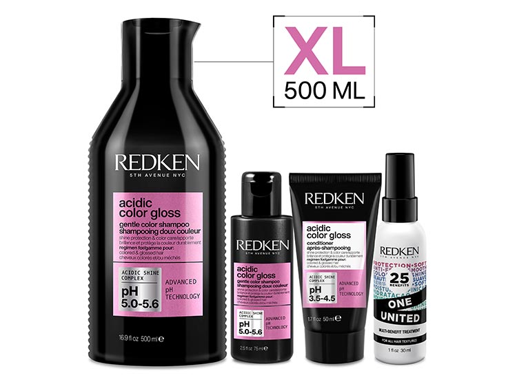 SET BRILLO INTENSO REDKEN CABELLO CON COLOR ACIDIC COLOR GLOSS SHAMPOO SIN SULFATO 500 ML + 75 ML + ACONDICIONADOR 50 ML + SPRAY ONE UNITED 30 ML - 1