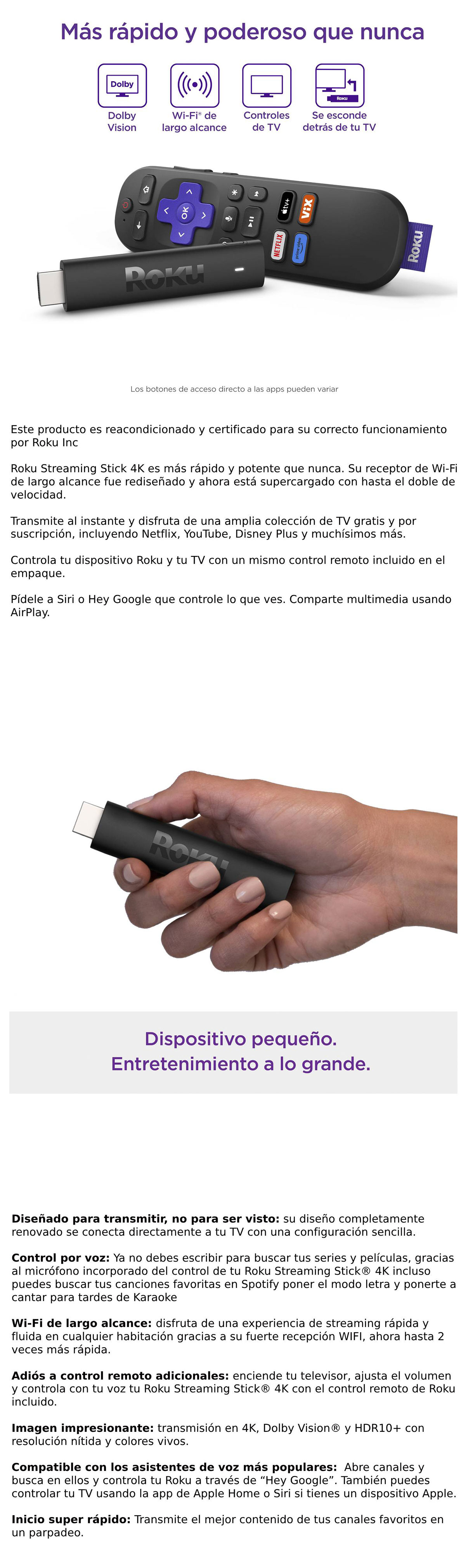 DISPOSITIVO DE STREAMING ROKU 4K STREAMING STICK REFABRICADO