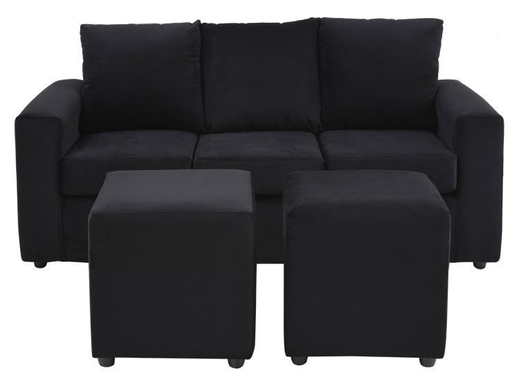 JUEGO DE LIVING BODEVIR SOFA KENDY FELPA 3 CUERPOS + 2 POUFS
