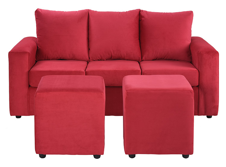 JUEGO DE LIVING BODEVIR SOFA KENDY FELPA 3 CUERPOS + 2 POUFS