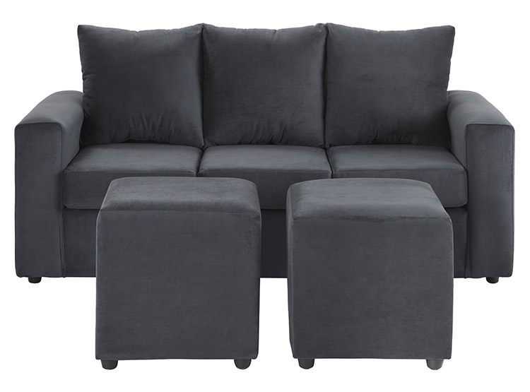 JUEGO DE LIVING BODEVIR SOFA KENDY FELPA 3 CUERPOS + 2 POUFS