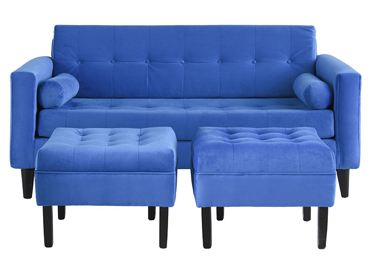 JUEGO DE LIVING BODEVIR SOFA RETRO FELPA 3 CUERPOS + 2 POUFS