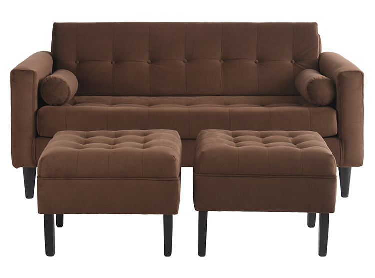 JUEGO DE LIVING BODEVIR SOFA RETRO FELPA 3 CUERPOS + 2 POUFS - 1
