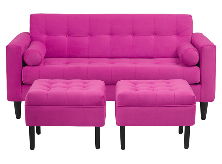 JUEGO DE LIVING BODEVIR SOFA RETRO FELPA 3 CUERPOS + 2 POUFS - 1