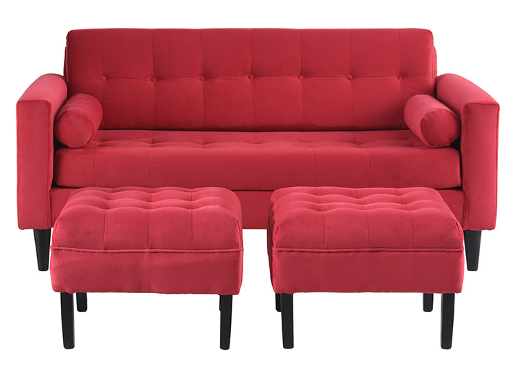 JUEGO DE LIVING BODEVIR SOFA RETRO FELPA 3 CUERPOS + 2 POUFS