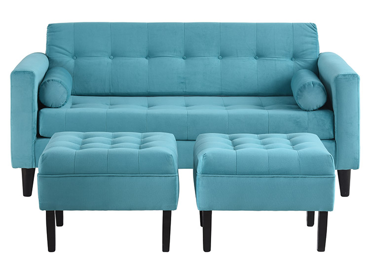 JUEGO DE LIVING BODEVIR SOFA RETRO FELPA 3 CUERPOS + 2 POUFS - 1