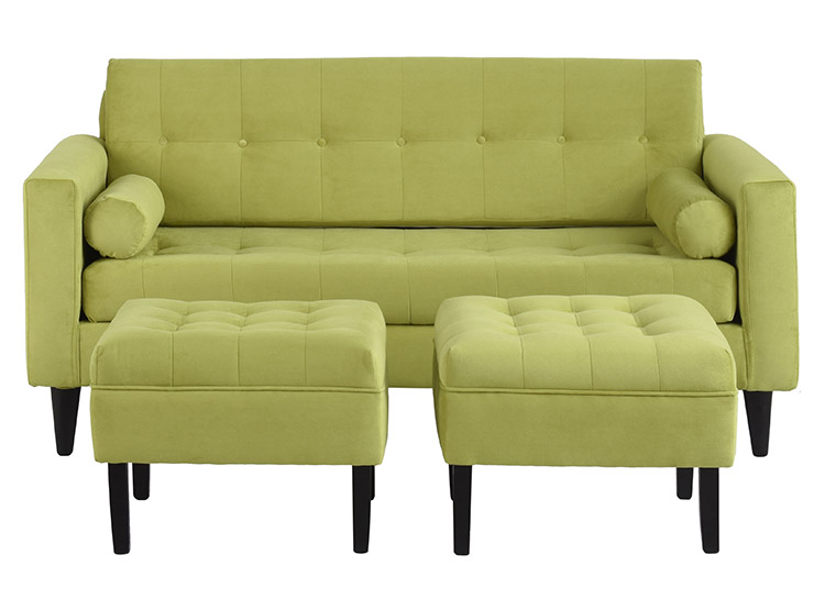 JUEGO DE LIVING BODEVIR SOFA RETRO FELPA 3 CUERPOS + 2 POUFS