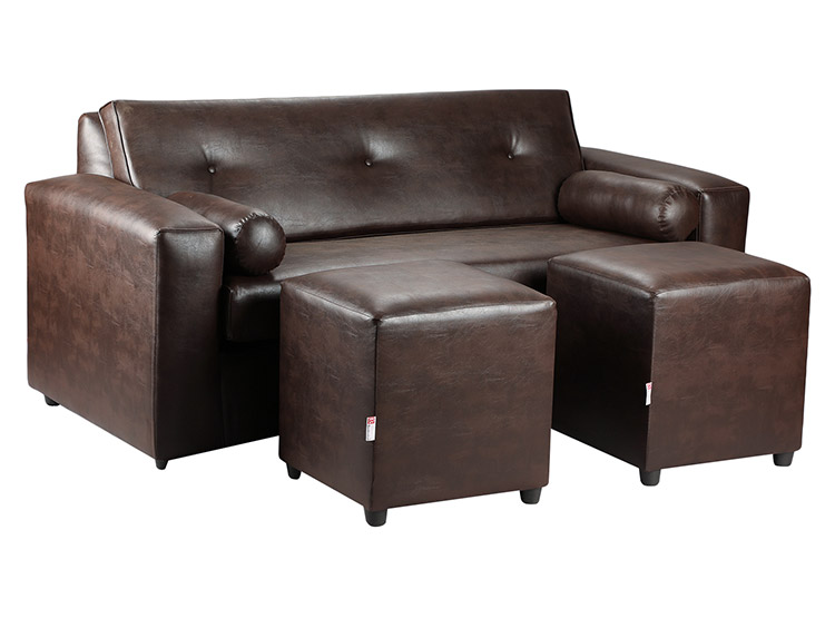 SET DE MUEBLES BODEVIR SOFÁ VIVO PU 3 CUERPOS CUERO + POUFS - 2