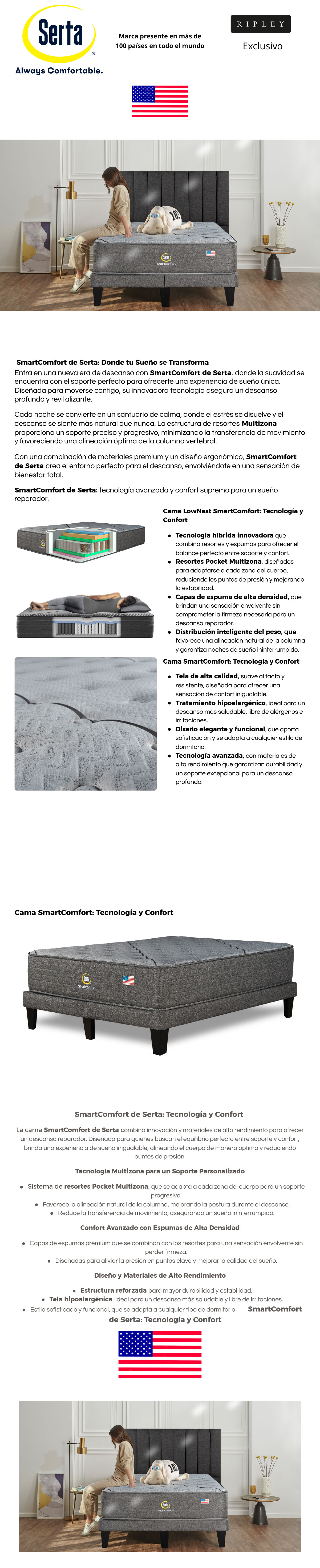 CAMA EUROPEA SERTA SMARTCOMFORT 2PL B/D + RESPALDO TIBET