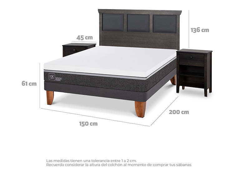 JUEGO DE DORMITORIO CIC CAMA EUROPEA TORINO ORTOPEDIC ADVANCE BN 2 PLAZAS + SET GRIS - 3