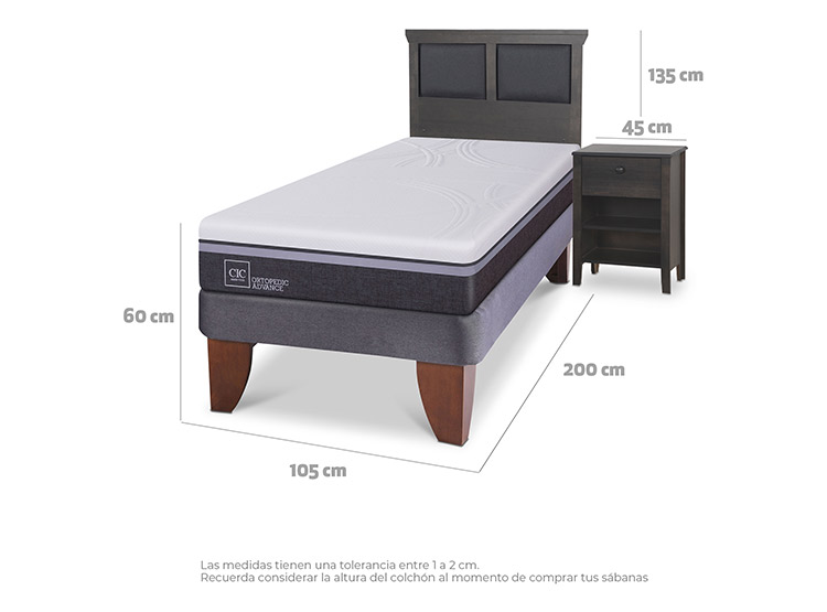 JUEGO DE DORMITORIO CIC CAMA EUROPEA TORINO ORTOPEDIC ADVANCE 1.5 PLAZAS + SET GRIS - 3