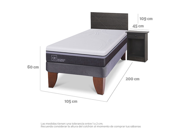 JUEGO DE DORMITORIO CIC CAMA EUROPEA VILLARRICA ORTOPEDIC ADVANCE 1.5 PLAZAS + SET GRIS - 3
