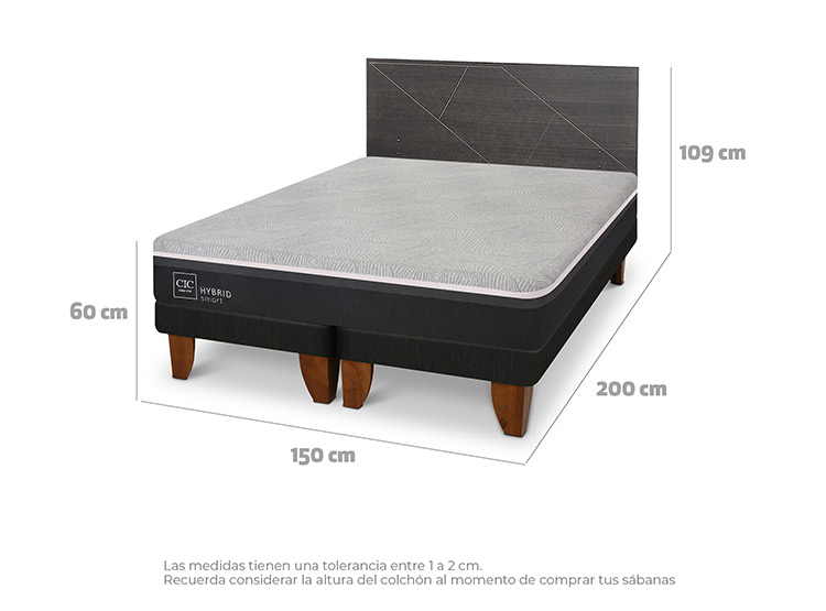 JUEGO DE DORMITORIO CIC CAMA EUROPEA VILLARRICA HYBRID INFINITY 2 PLAZAS + RESPALDO GRIS - 3