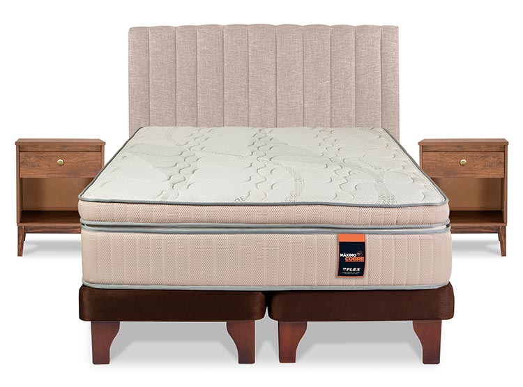 JUEGO DE DORMITORIO FLEX CAMA EUROPEA MÁXIMO COBRE 2 PLAZAS + RESPALDO TUBULAR BEIGE + VELADOR ATENAS - 1