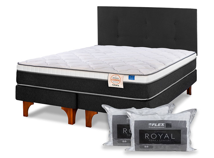 JUEGO DE DORMITORIO FLEX CAMA EUROPEA NORDICA COBRE 2 PLAZAS + RESPALDO ROYAL NEGRO + 2 ALMOHADA ROYAL - 2