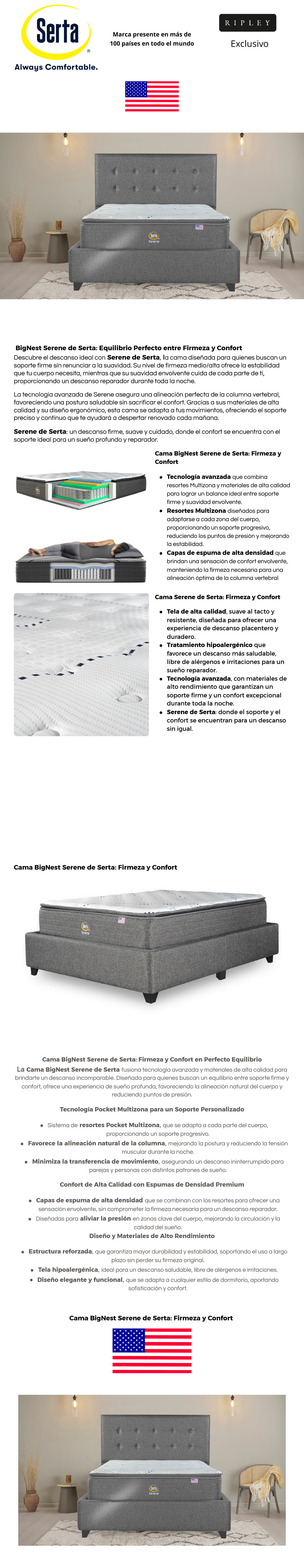 CAMA EUROPEA SERTA BGN SERENE B/D KING + RESPALDO TIGN GRIS