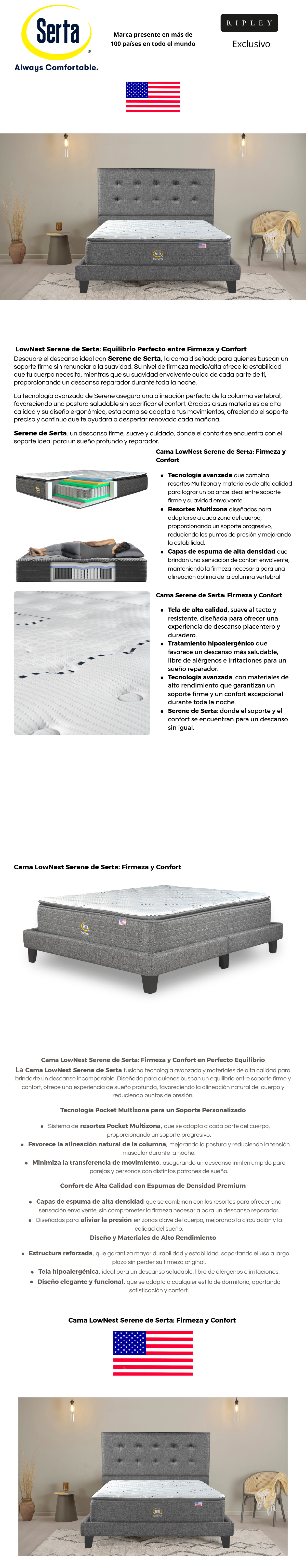 CAMA EUROPEA SERTA LNT SERENE B/D KING + RESPALDO TIGN GRIS