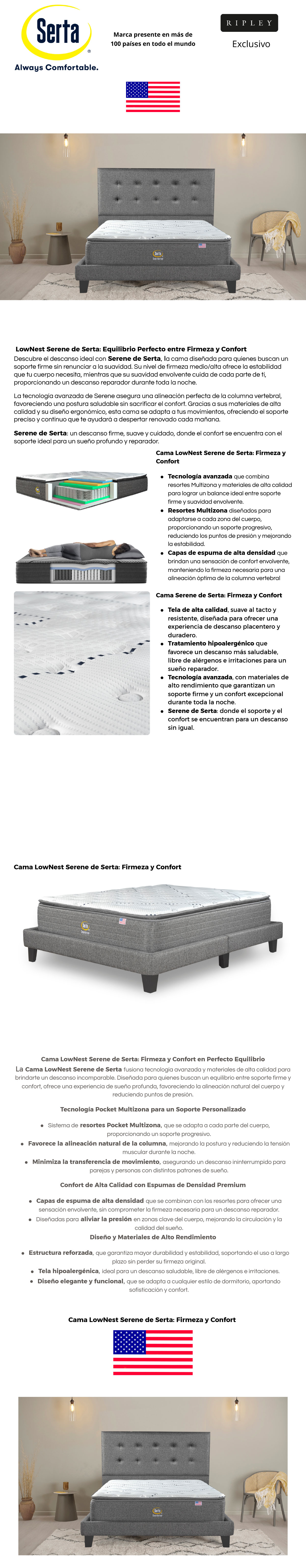 CAMA EUROPEA SERTA LOWNEST SERENE B/D 2 PL GRIS