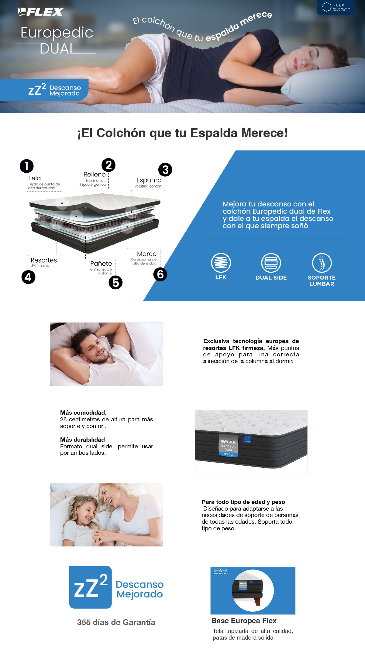 CAMA EUROPEA FLEX EUROPEDIC DUAL 2 PLAZAS + RESPALDO ROYAL GRIS