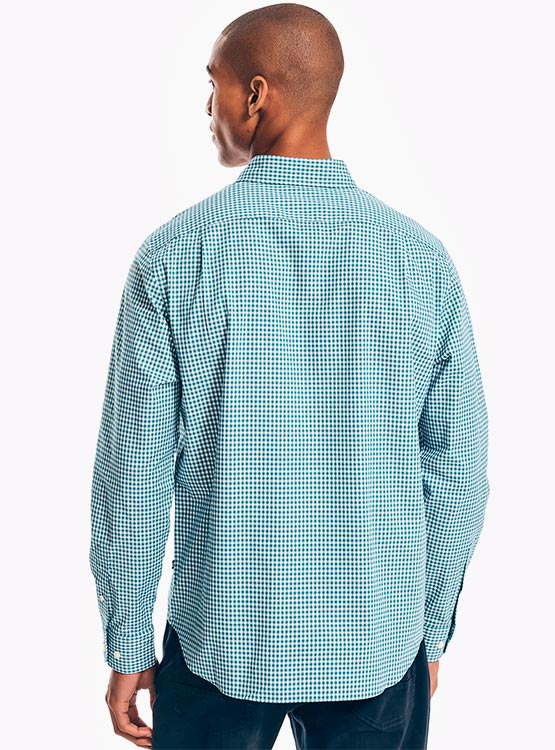Camisa De Hombre Nautica A Cuadros - Algodón, Manga Larga, Cuello Abotonado
